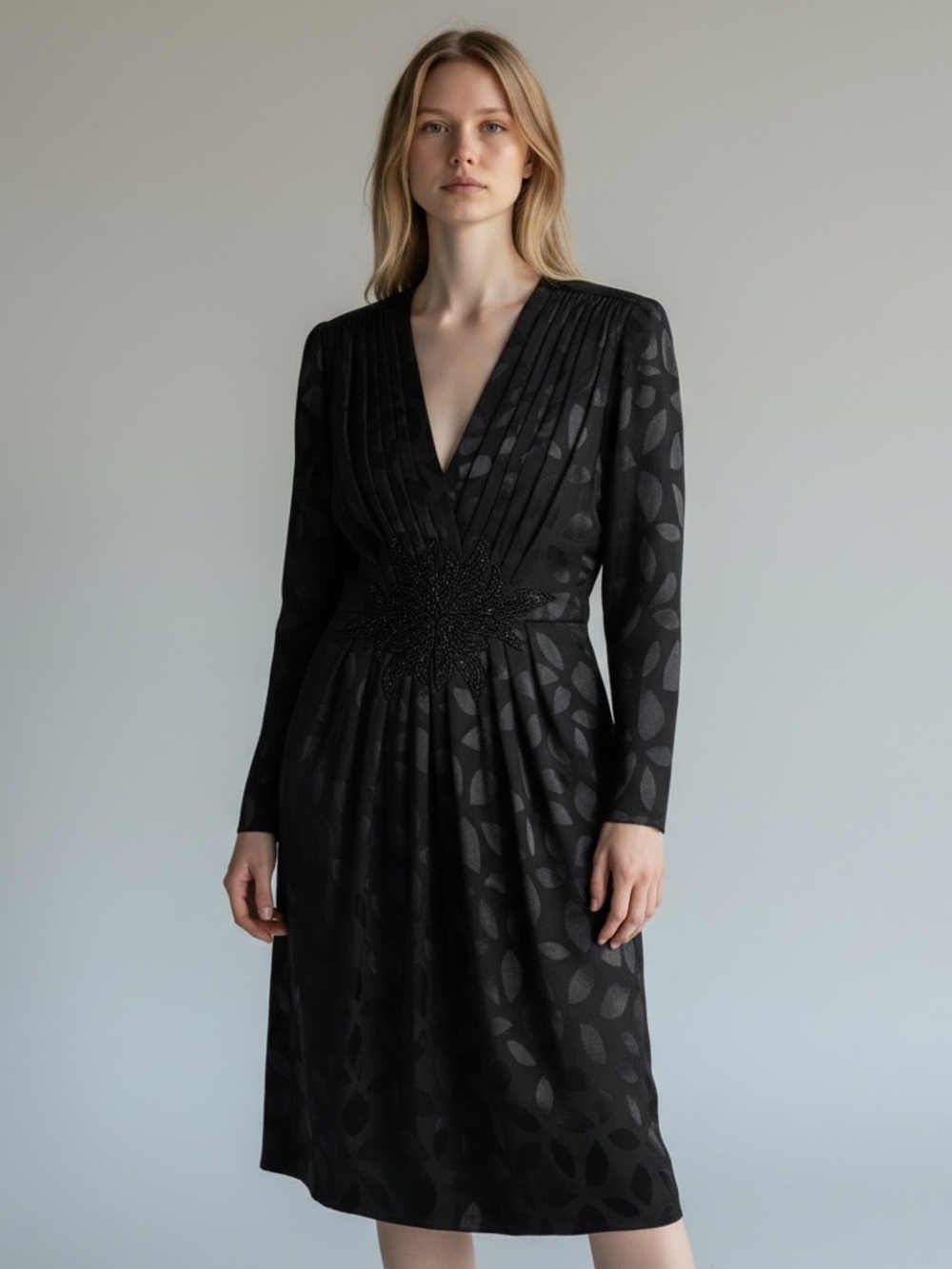 St Gillian Dress‎ Women 6 Black Vintage Silk Jacquard Beaded Star 80s